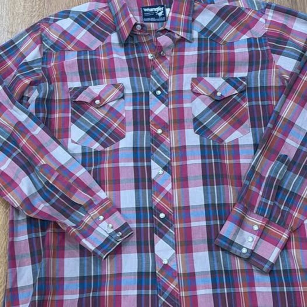 Wrangler Cowboy Cut Pearl Snap Shirt Mens 17 x 35 XL Plaid Pink Teal Long Tail